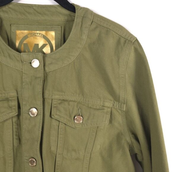 NWT‎ MICHAEL KORS Crop Button Denim Jacket Smoky Olive Gold Details MEDIUM & LG - Picture 3 of 11